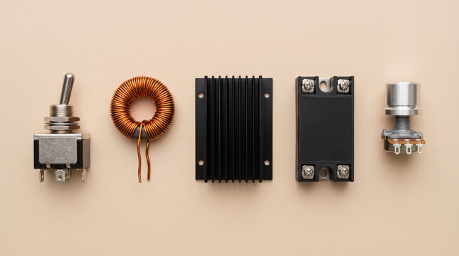Minimalist knolling of electronic components toggle switch coil heatsink on beige background