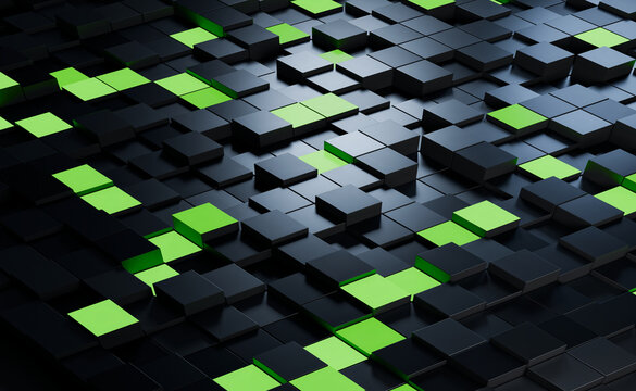 Stepped 3D Metal Tiles with Green Highlights