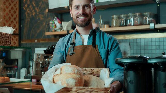 Smiling Caucasian waiter presenting basket of bread in cafeteria man offering baked goods male barista serving customer bakery worker displaying food catering entrepreneur running cafe small business
