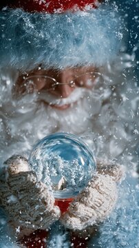 Santa Claus holding a glowing snow globe with a tiny cabin, featuring soft knit textures and falling flakes for Christmas greetings
