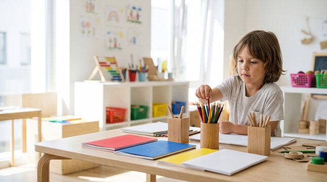 Young boy focused on drawing with colored pencils in a bright classroom setting
