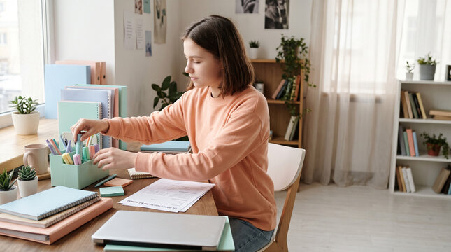 Young girl organizing colorful pens and markers at her desk for schoolwork and studying