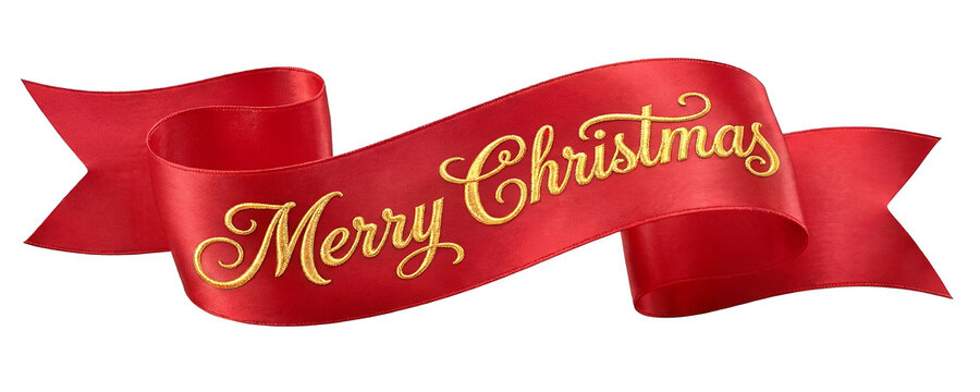 Czerwona, finezyjnie zawinięta szarfa z ozdobnym napisem wyszywanym złotą nitką: Merry Christmas