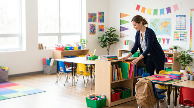 Teacher organizing colorful classroom shelves with books and folders for young students learning and playing