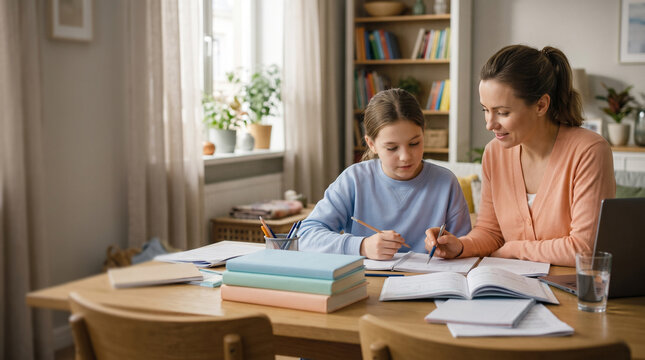 Mother helps daughter with homework at home, learning and education concept