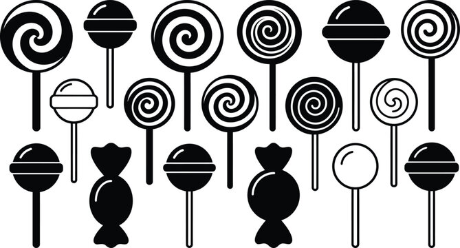 Collection of black and white silhouettes of various hard candies and lollipops