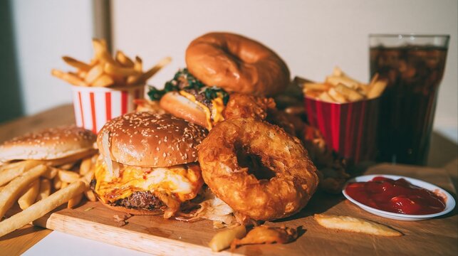 Junk food spread featuring cheeseburgers and fries on a red wooden board, with greasy textures and bold lighting for nutrition warning articles