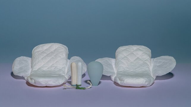 Feminine hygiene products featuring soft cotton pads, tampons, and a menstrual cup on a lilac surface for wellness and health ads
