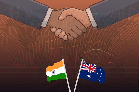 India and Australia Economic Cooperation and Strategic Partnership Concept, Business Handshake with National Flags on World Map Background