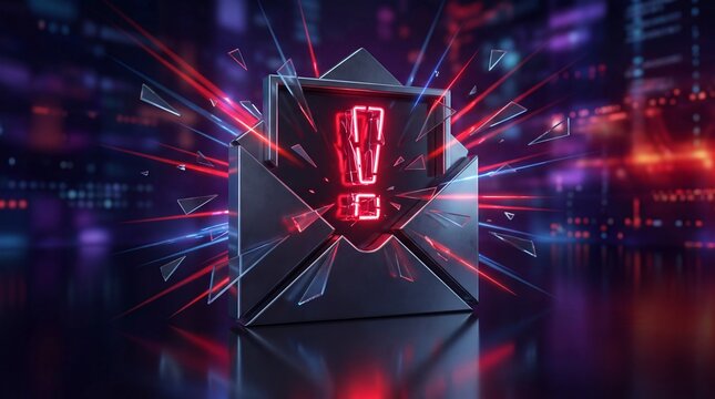 Glowing neon exclamation mark inside metallic envelope with shattered glass shards