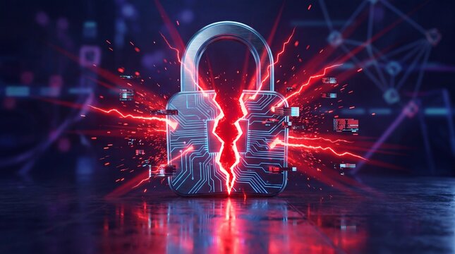 Broken digital padlock with red electric sparks on dark background