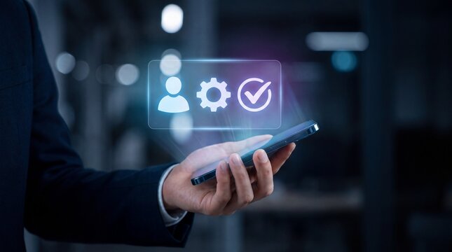 Businessman holding smartphone with digital user settings and checkmark hologram
