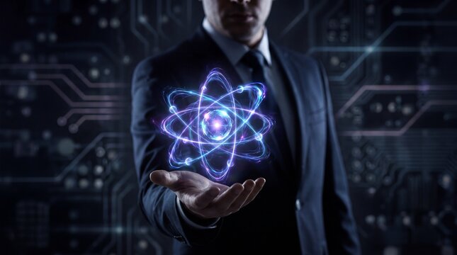 Businessman holding glowing digital atom model against dark circuit board background