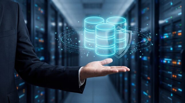 Businessman holding glowing digital database icon with shield in server room