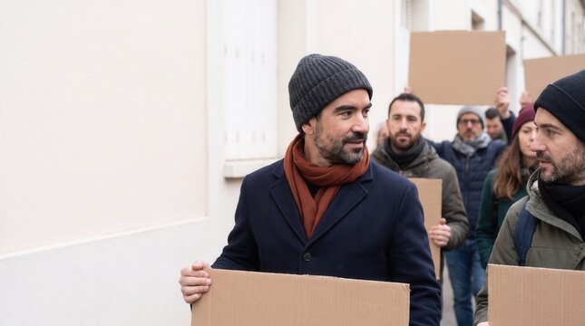 Man holding a blank placard while speaking with other protesters