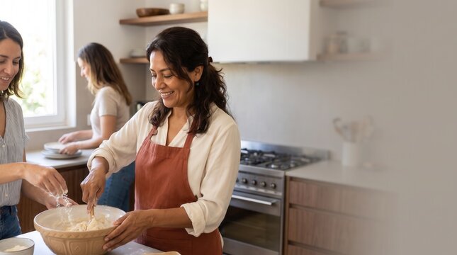 Woman mixing a bowl while chatting with cooking companions