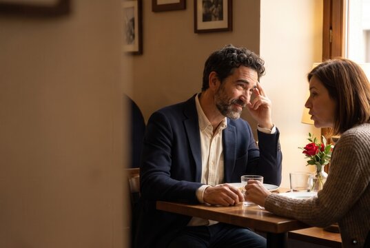 Couple enjoying a romantic conversation in a restaurant