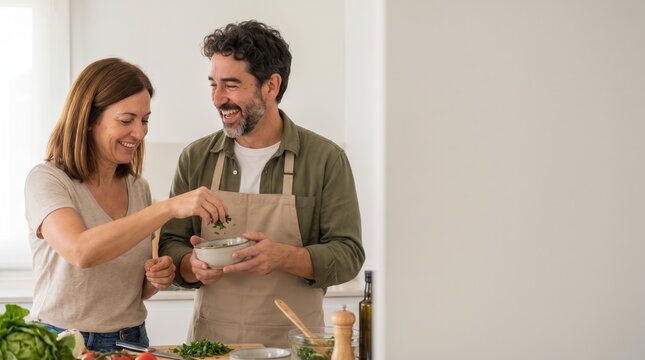 Couple preparing a meal together for a romantic celebration