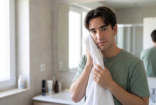 Young man drying his face with a towel