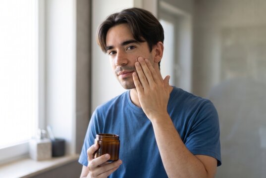 Young man applying facial cream beside a bathroom mirror