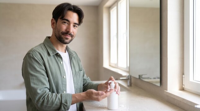 Young man handling skincare products beside a bathroom sink