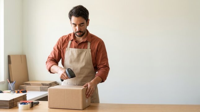 Small business owner preparing a cardboard shipping box