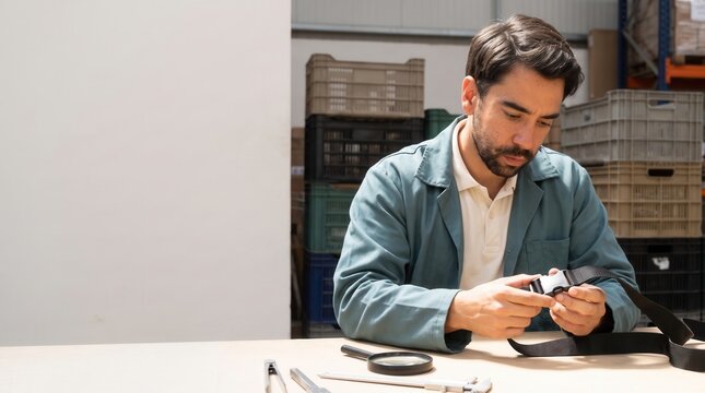 Worker checking a small item before order dispatch