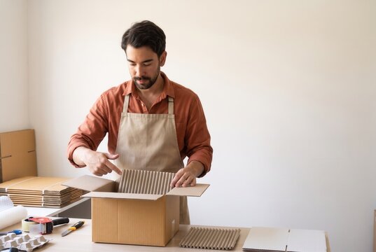 Entrepreneur preparing protective material for a shipping box