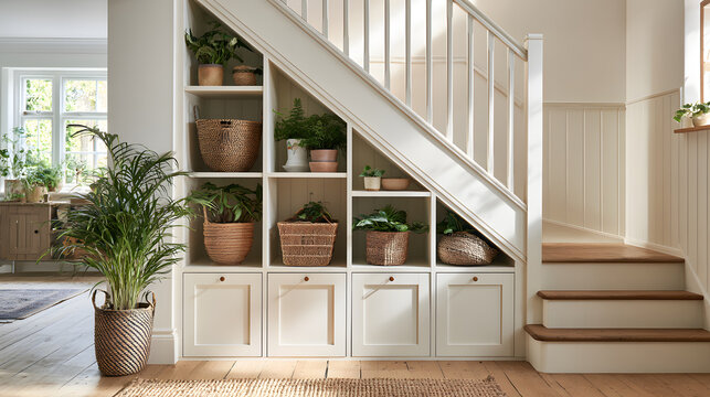 Storage unit under staircase with woven baskets, potted plants, and wooden flooring in a bright interior space