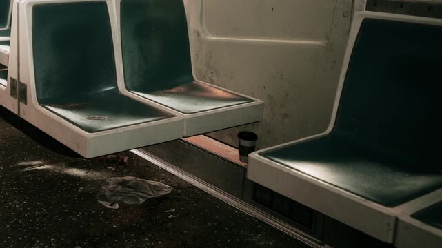 Empty subway car sits in quiet stillness as the day fades. Green seats contrast with shadows, revealing scattered trash and a lone cup, reflecting an unkempt urban landscape.