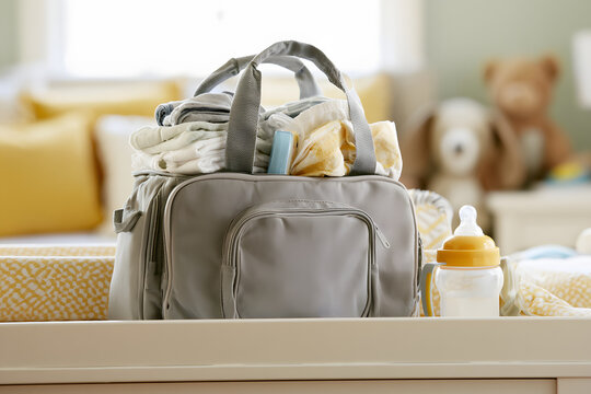 Baby bag with accessories on the changing table in the room