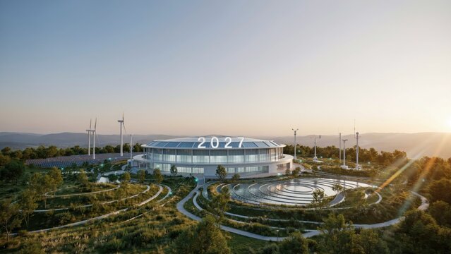 Modern stadium building with 2027 text sign at sunset