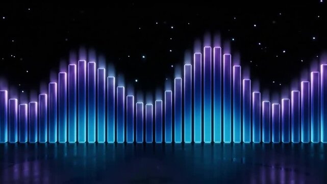 Glowing blue and purple audio equalizer bars moving rhythmically on black background