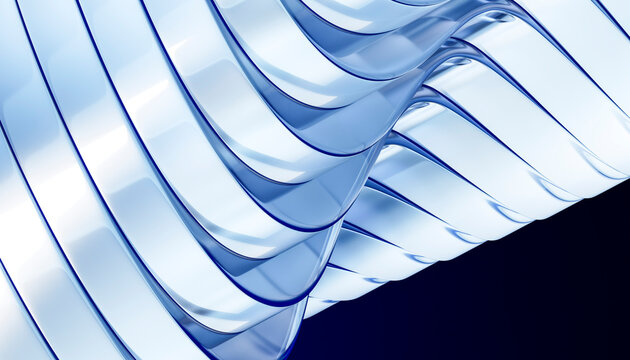 Fluid silver ribbons forming an elegant 3D architectural wave on a dark background