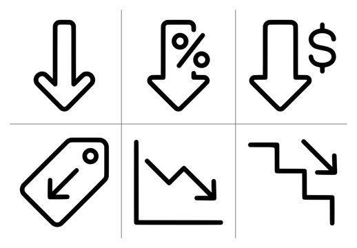 Down arrow icons set with percentage, dollar, tag, graph and stairs for business and finance