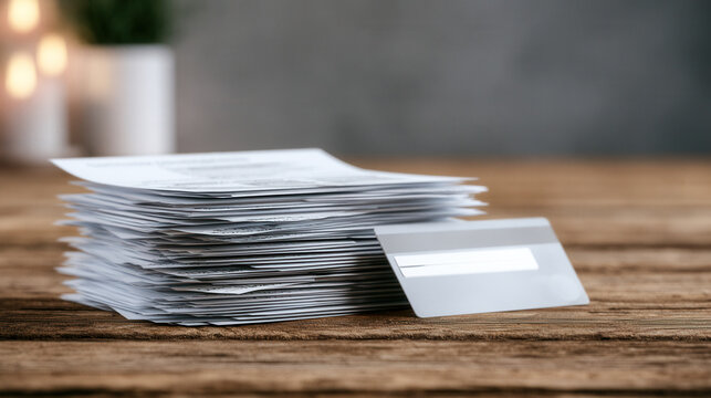 Stack of paper invoices with payment card on wooden desk