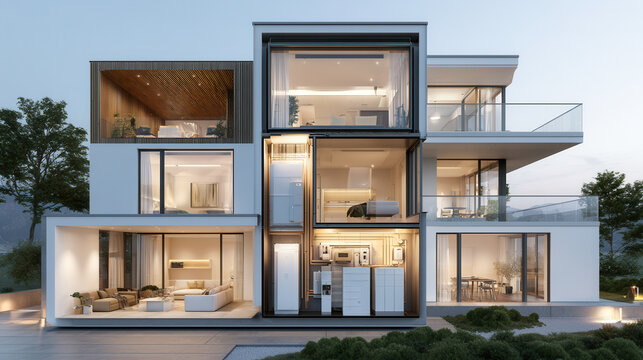 Modern smart home cutaway with residential battery storage system