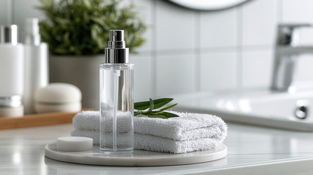 Clear cosmetic spray bottle with towel in modern bathroom