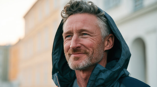 Confident mature man smiling outdoors in hooded jacket
