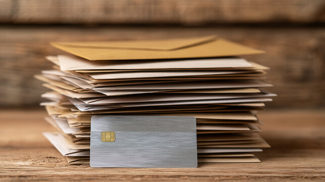 Credit card in front of stack of household bills and envelopes