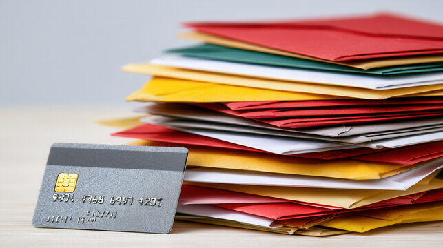 Colorful envelopes with credit card for billing and subscriptions