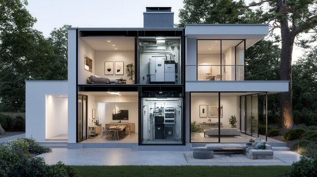 Modern house cutaway with home battery and energy equipment