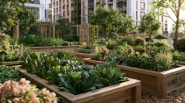 Raised vegetable garden in modern urban residential development