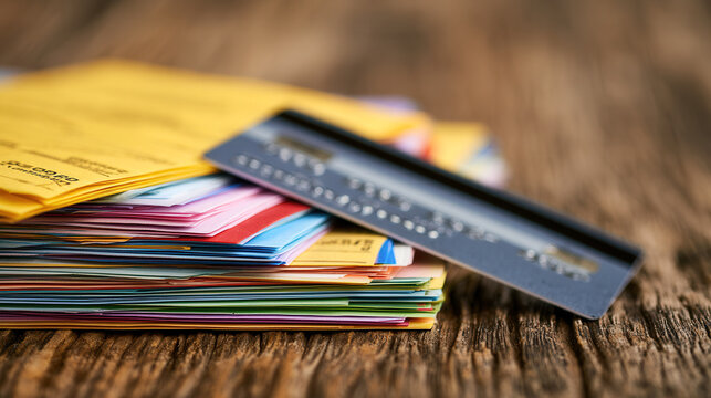 Credit card with organized stack of invoices and receipts