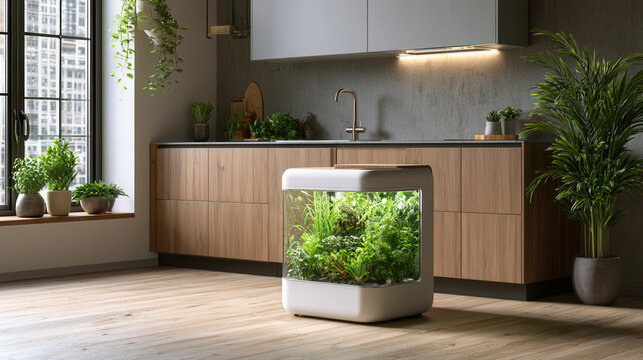 Compact hydroponic garden in modern apartment kitchen