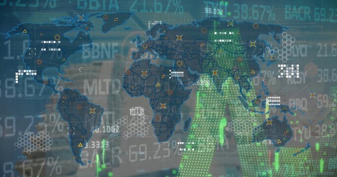 Stylized world map displaying ticker symbols and glowing orange nodes across dark blue interface