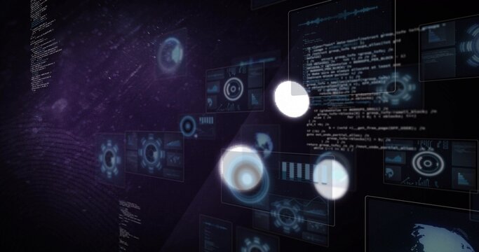 Floating holographic panels showing scrolling code and glowing gauges against dark backdrop