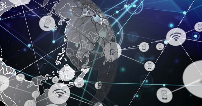 Stylized globe displaying Asia while cyan lines connecting glowing nodes on dark blue background