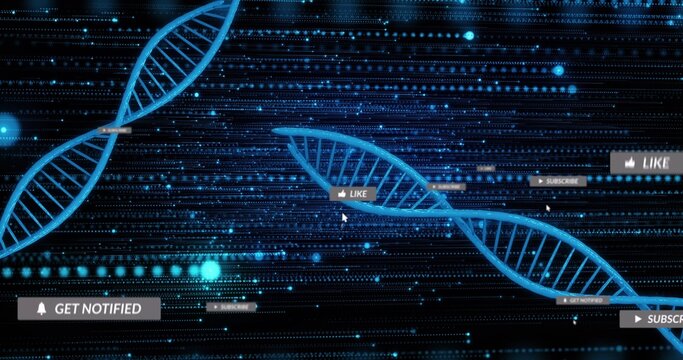 Glowing blue DNA strands stretching across dark backdrop with cyan dots and LIKE SUBSCRIBE bars