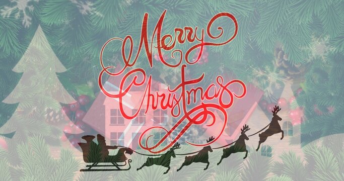 Merry Christmas text over evergreen branches with Santa silhouette riding sleigh, reindeer pulling